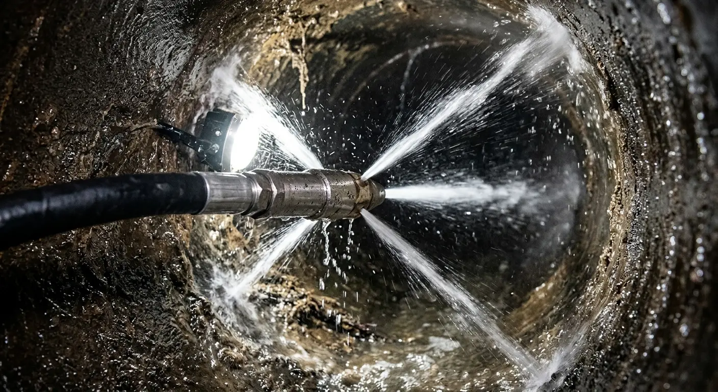 High-pressure hydro jetting nozzle cleaning sewer pipe for Sewer Cleanout in Beatrice