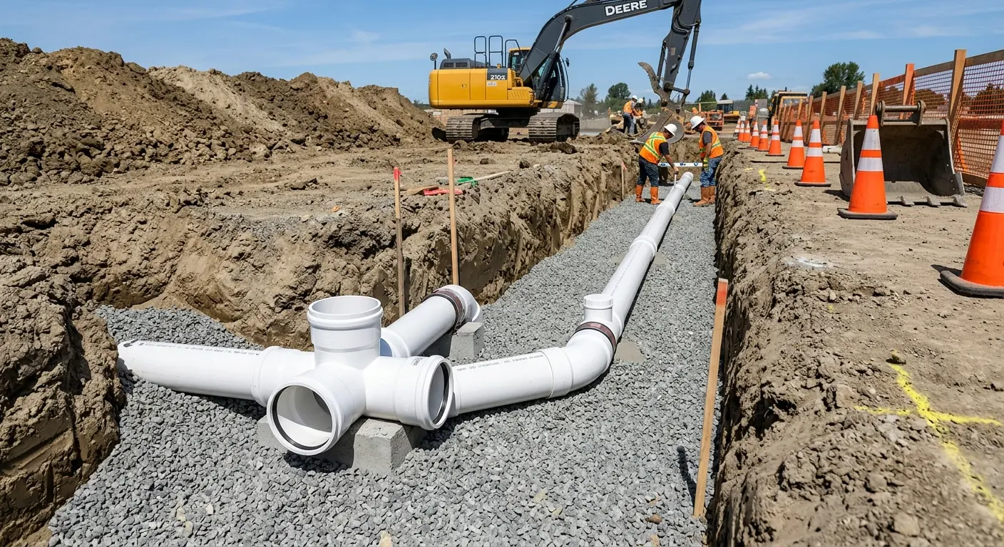 New PVC sewer pipe installation in open trench for Sewer Backup in Beatrice
