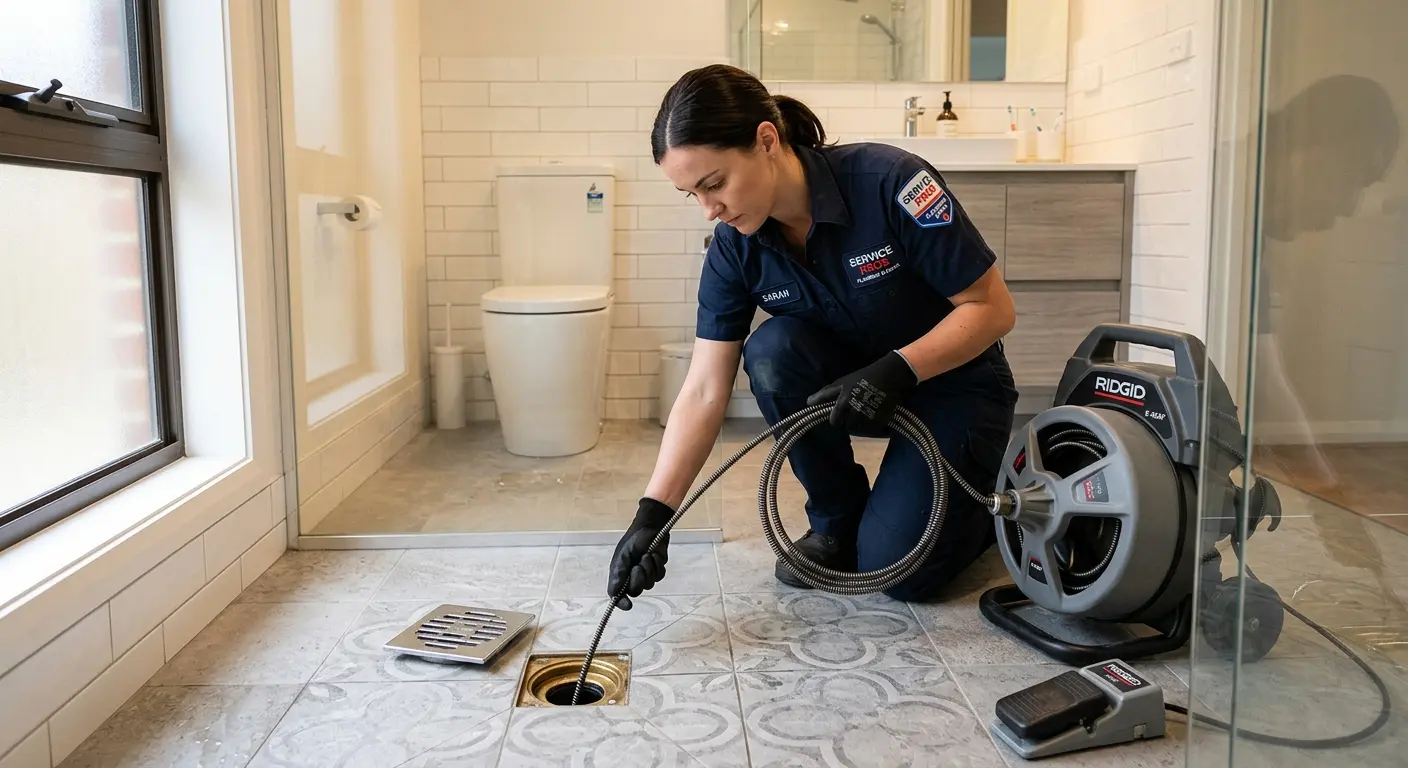 Technician clearing a bathroom floor drain for Sewer Line Installation in Beatrice